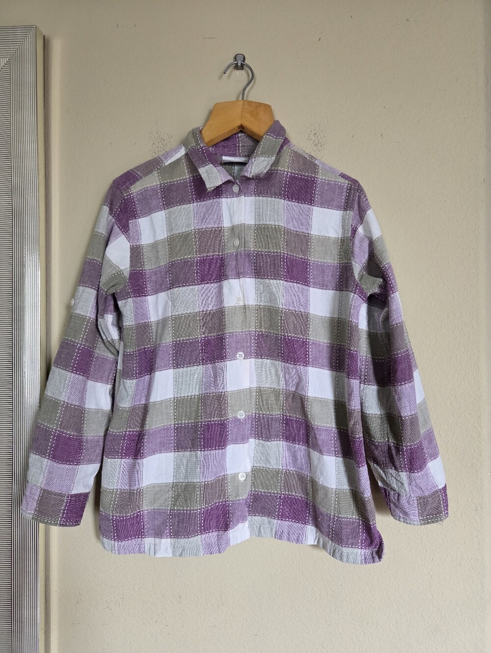 Fashion Bug Y2k Patchwork Purple Sage and White Plaid Button-Up Shirt